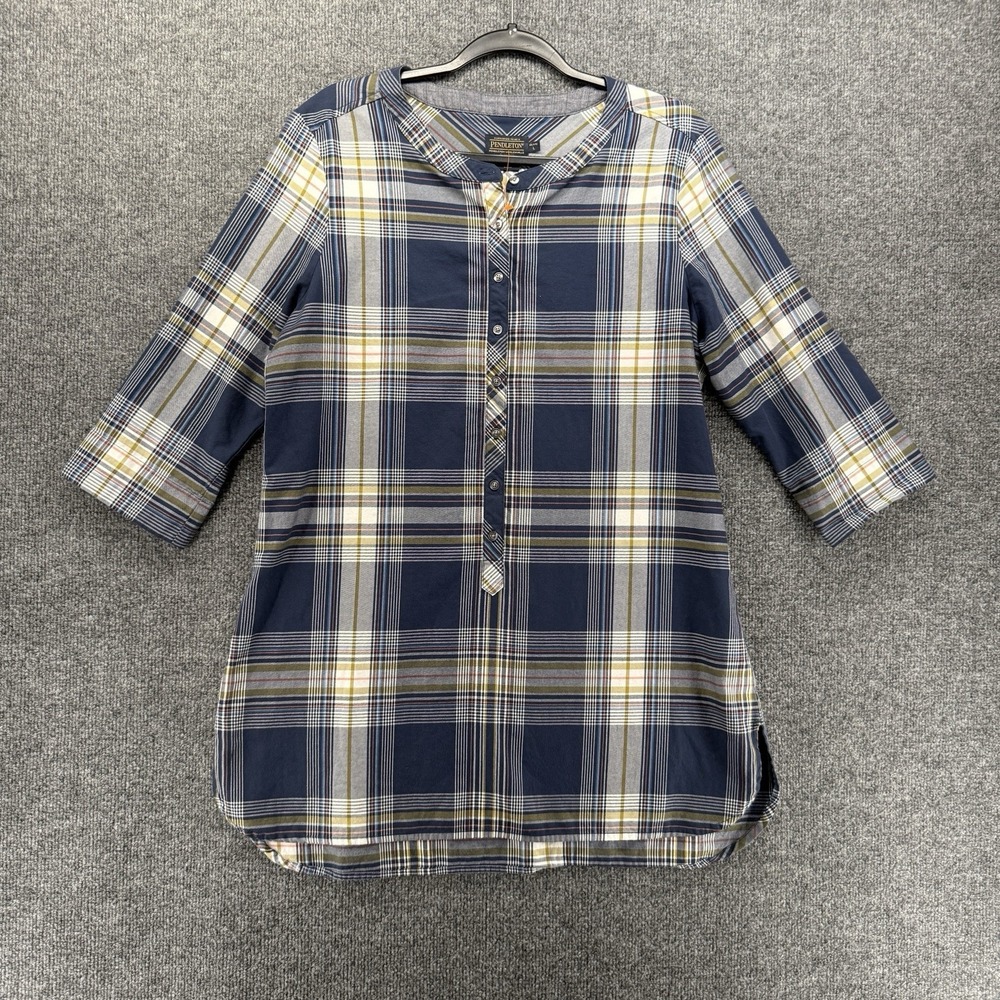 Pendleton Petite Top Womens PL Blue Plaid Tunic Popover Resort Casual Coastal